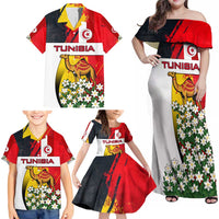 Tunisia Family Matching Off Shoulder Maxi Dress and Hawaiian Shirt with Camel, Jasmine Flowers, and National Flag Design