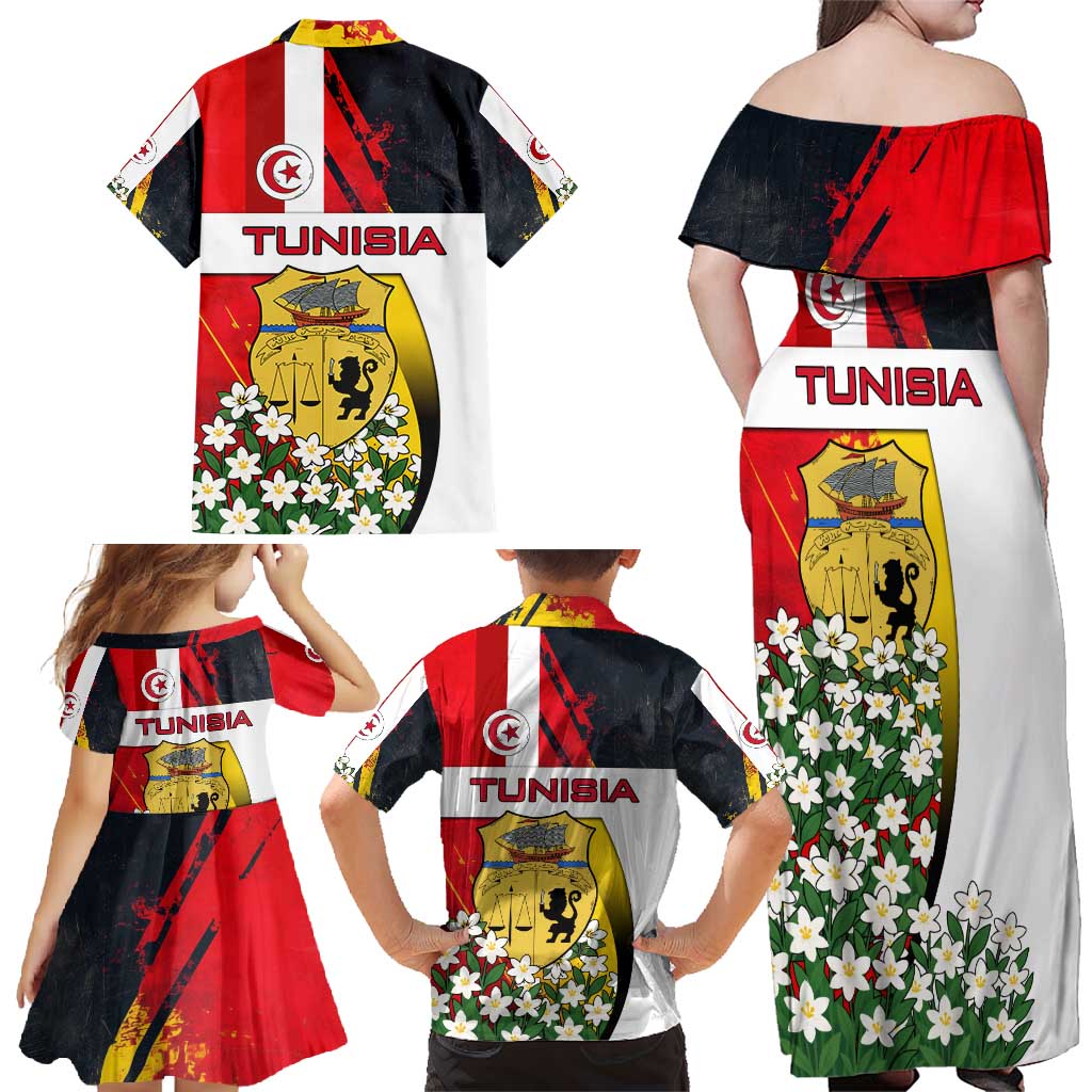 Tunisia Family Matching Off Shoulder Maxi Dress and Hawaiian Shirt with Camel, Jasmine Flowers, and National Flag Design