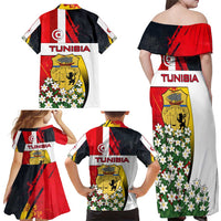 Tunisia Family Matching Off Shoulder Maxi Dress and Hawaiian Shirt with Camel, Jasmine Flowers, and National Flag Design