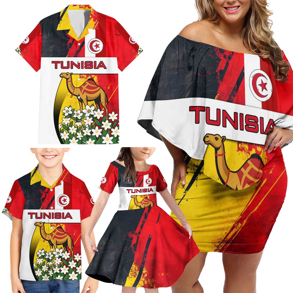 Tunisia Family Matching Off Shoulder Short Dress and Hawaiian Shirt with Camel, Jasmine Flowers, and National Flag Design