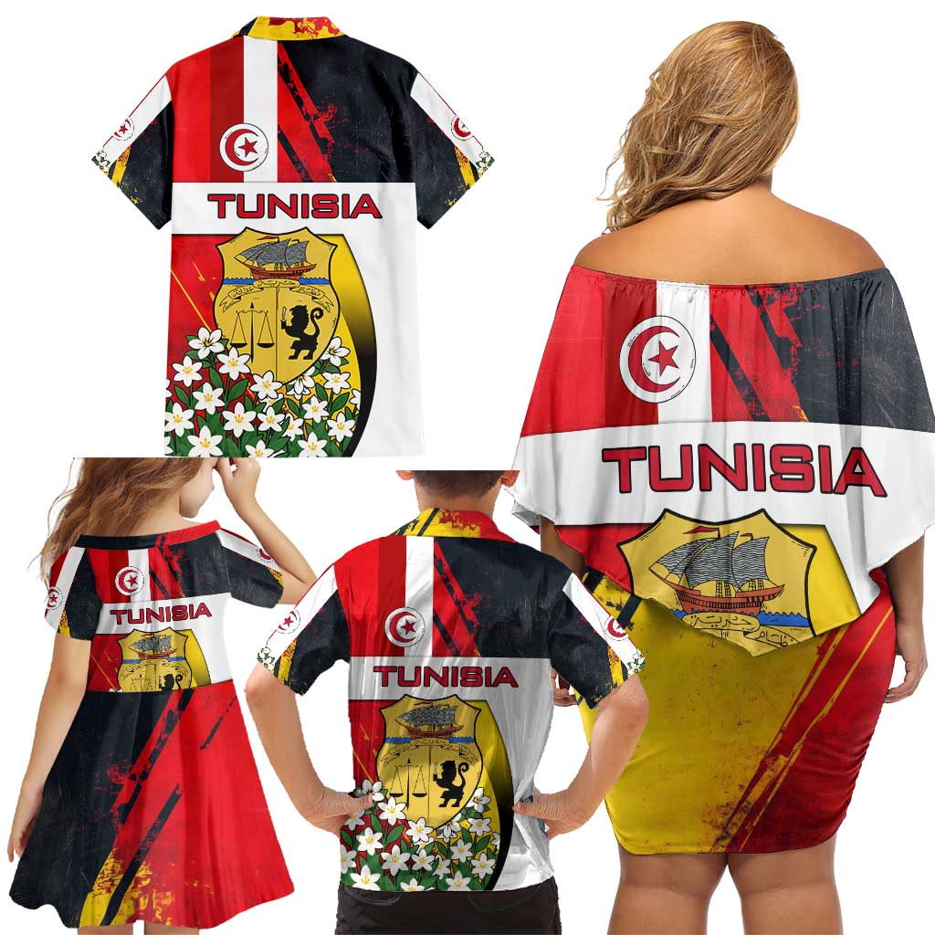 Tunisia Family Matching Off Shoulder Short Dress and Hawaiian Shirt with Camel, Jasmine Flowers, and National Flag Design