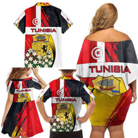 Tunisia Family Matching Off Shoulder Short Dress and Hawaiian Shirt with Camel, Jasmine Flowers, and National Flag Design