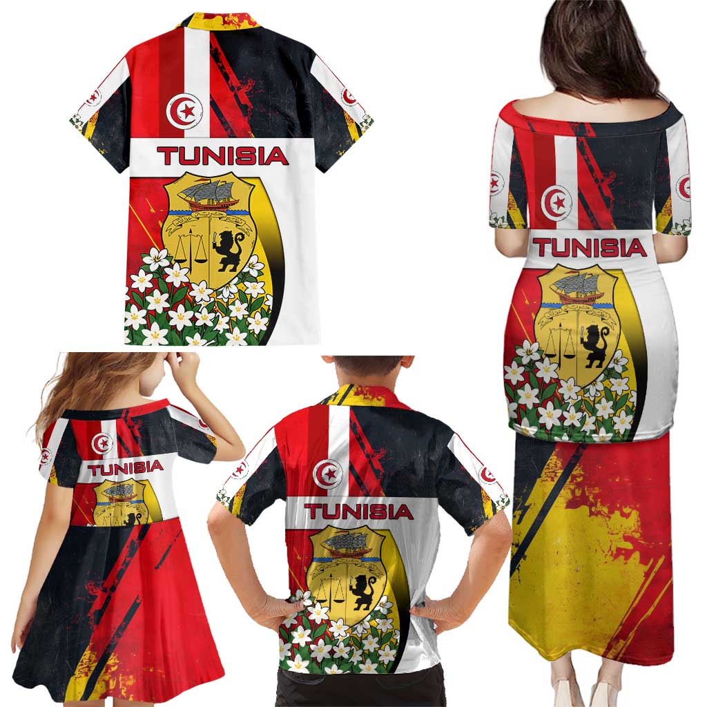 Tunisia Family Matching Puletasi and Hawaiian Shirt with Camel, Jasmine Flowers, and National Flag Design