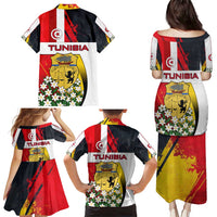 Tunisia Family Matching Puletasi and Hawaiian Shirt with Camel, Jasmine Flowers, and National Flag Design