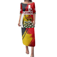 Tunisia Family Matching Puletasi and Hawaiian Shirt with Camel, Jasmine Flowers, and National Flag Design