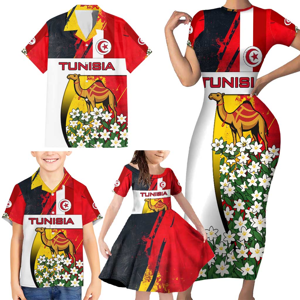 Tunisia Family Matching Short Sleeve Bodycon Dress and Hawaiian Shirt with Camel, Jasmine Flowers, and National Flag Design