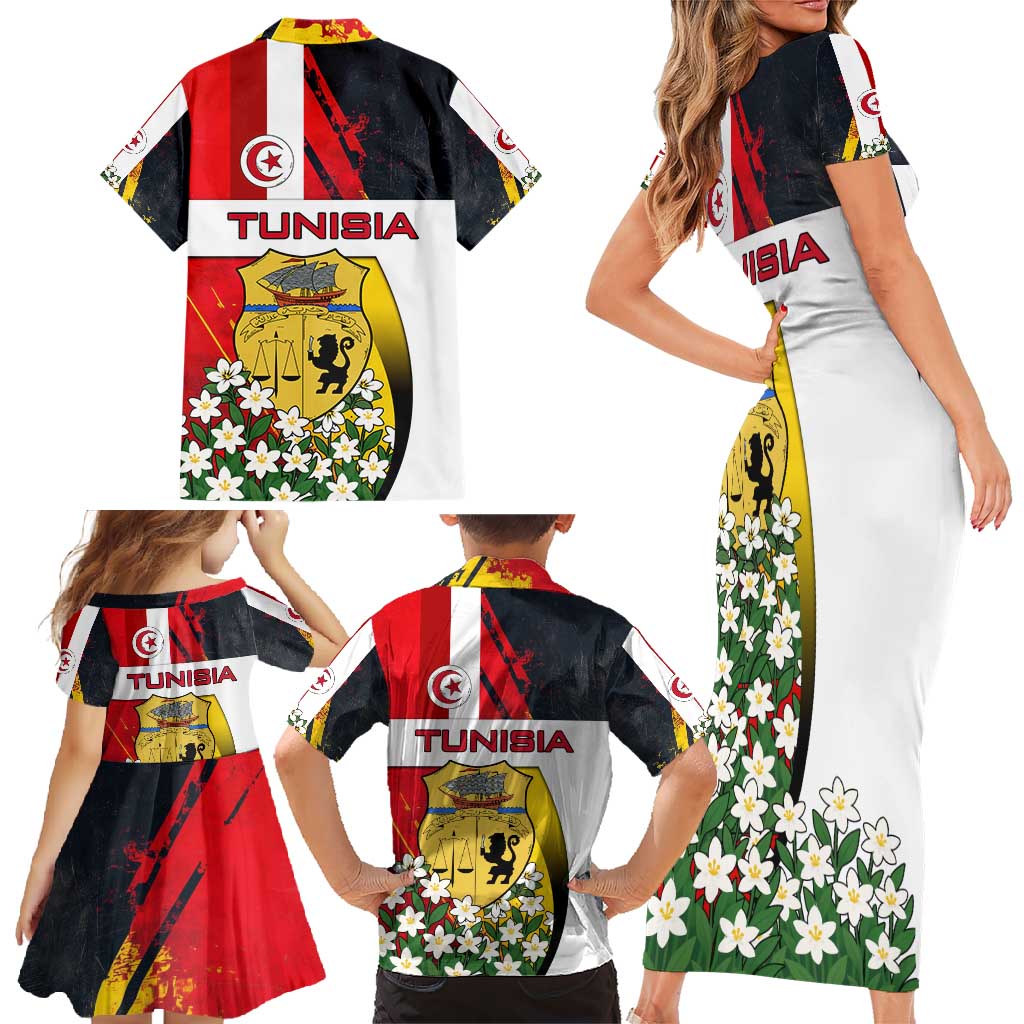 Tunisia Family Matching Short Sleeve Bodycon Dress and Hawaiian Shirt with Camel, Jasmine Flowers, and National Flag Design