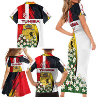 Tunisia Family Matching Short Sleeve Bodycon Dress and Hawaiian Shirt with Camel, Jasmine Flowers, and National Flag Design