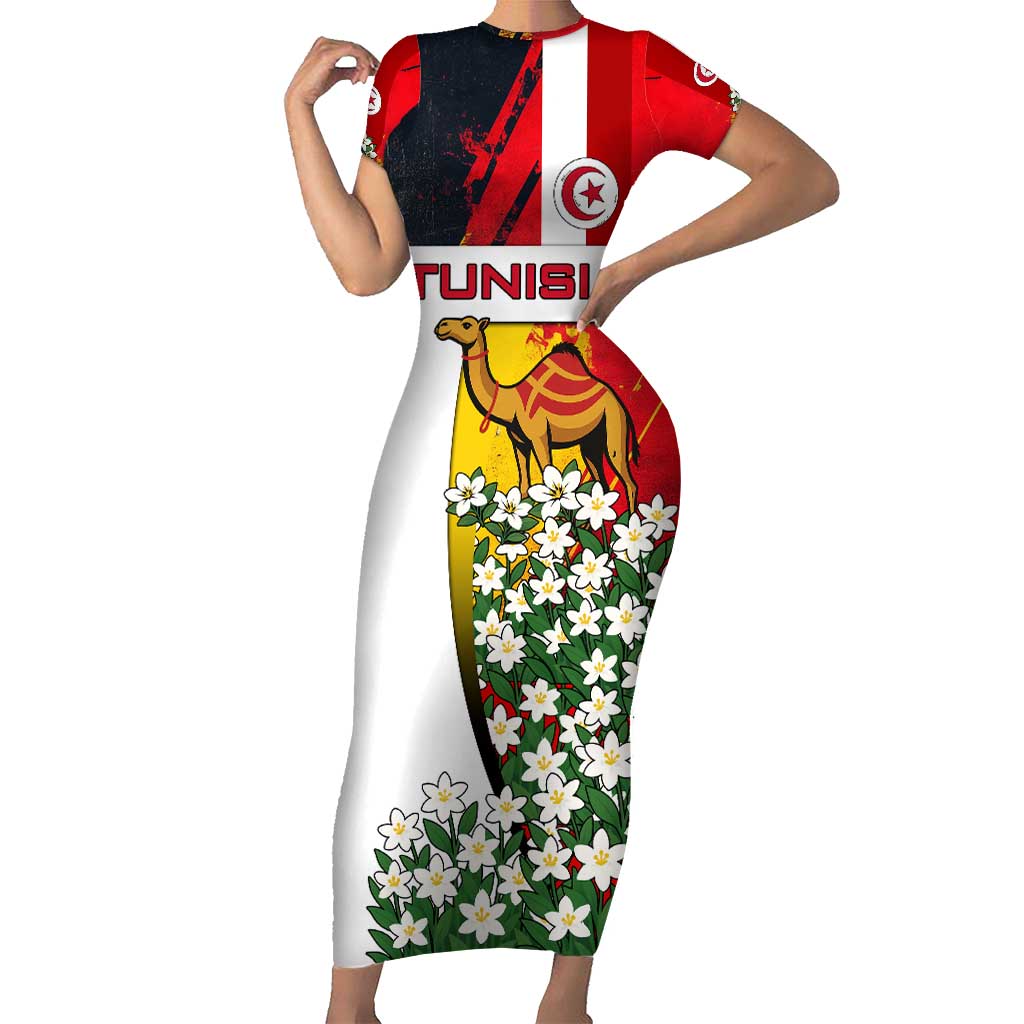 Tunisia Family Matching Short Sleeve Bodycon Dress and Hawaiian Shirt with Camel, Jasmine Flowers, and National Flag Design