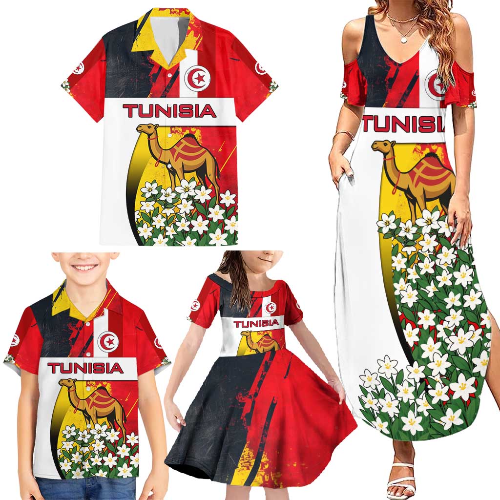 Tunisia Family Matching Summer Maxi Dress and Hawaiian Shirt with Camel, Jasmine Flowers, and National Flag Design