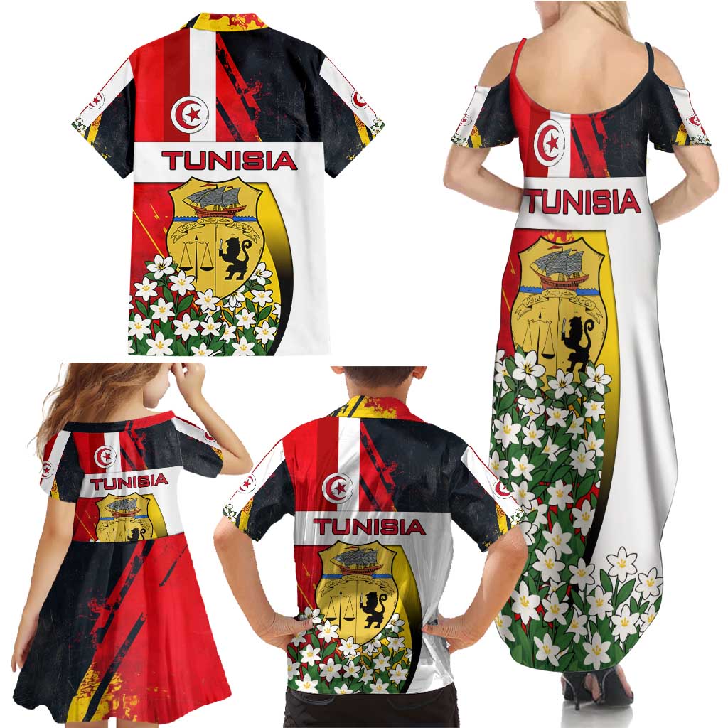 Tunisia Family Matching Summer Maxi Dress and Hawaiian Shirt with Camel, Jasmine Flowers, and National Flag Design