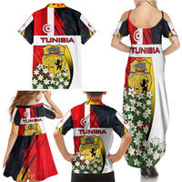 Tunisia Family Matching Summer Maxi Dress and Hawaiian Shirt with Camel, Jasmine Flowers, and National Flag Design