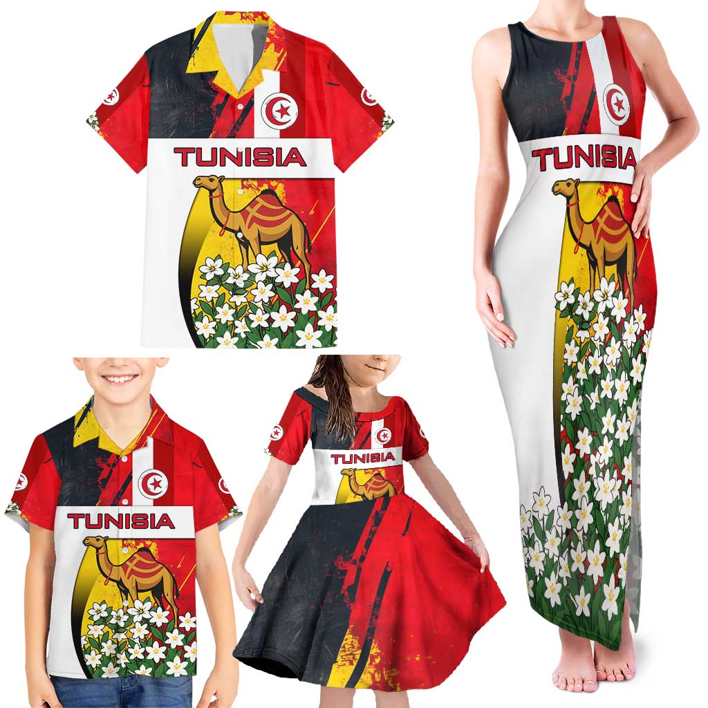 Tunisia Family Matching Tank Maxi Dress and Hawaiian Shirt with Camel, Jasmine Flowers, and National Flag Design