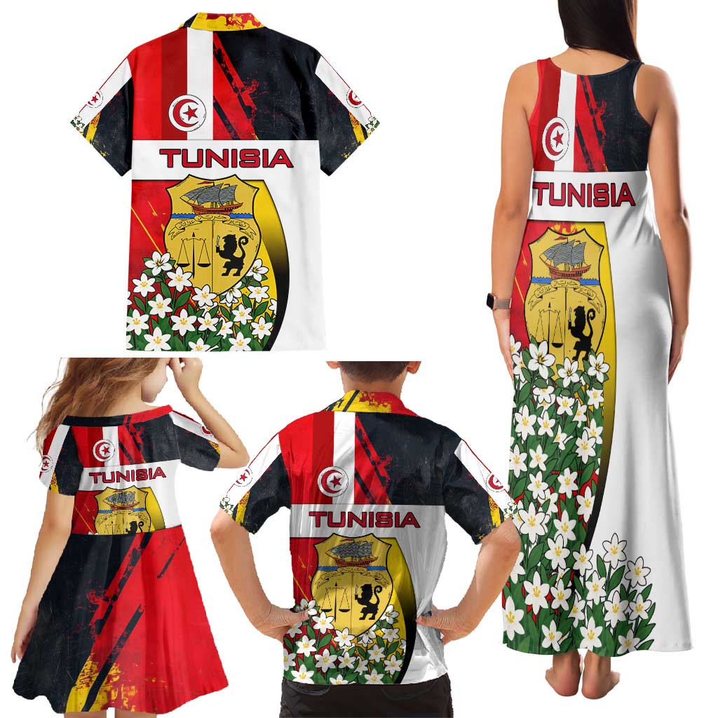 Tunisia Family Matching Tank Maxi Dress and Hawaiian Shirt with Camel, Jasmine Flowers, and National Flag Design