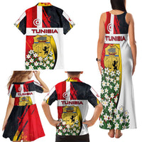 Tunisia Family Matching Tank Maxi Dress and Hawaiian Shirt with Camel, Jasmine Flowers, and National Flag Design