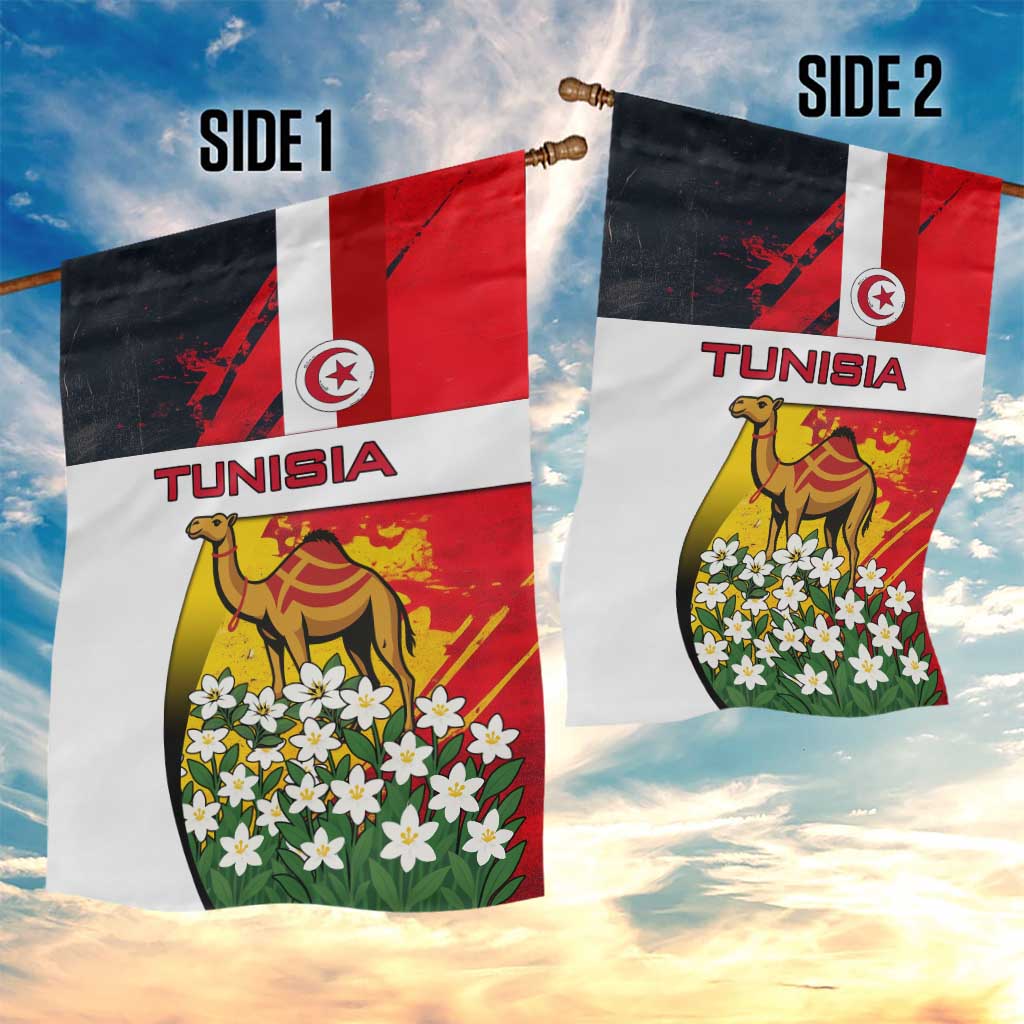Tunisia Garden Flag with Camel, Jasmine Flowers, and National Flag Design