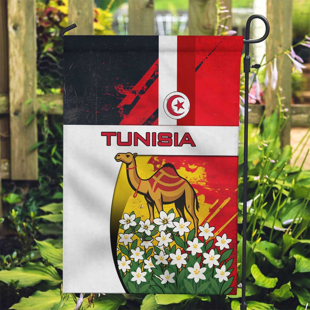 Tunisia Garden Flag with Camel, Jasmine Flowers, and National Flag Design