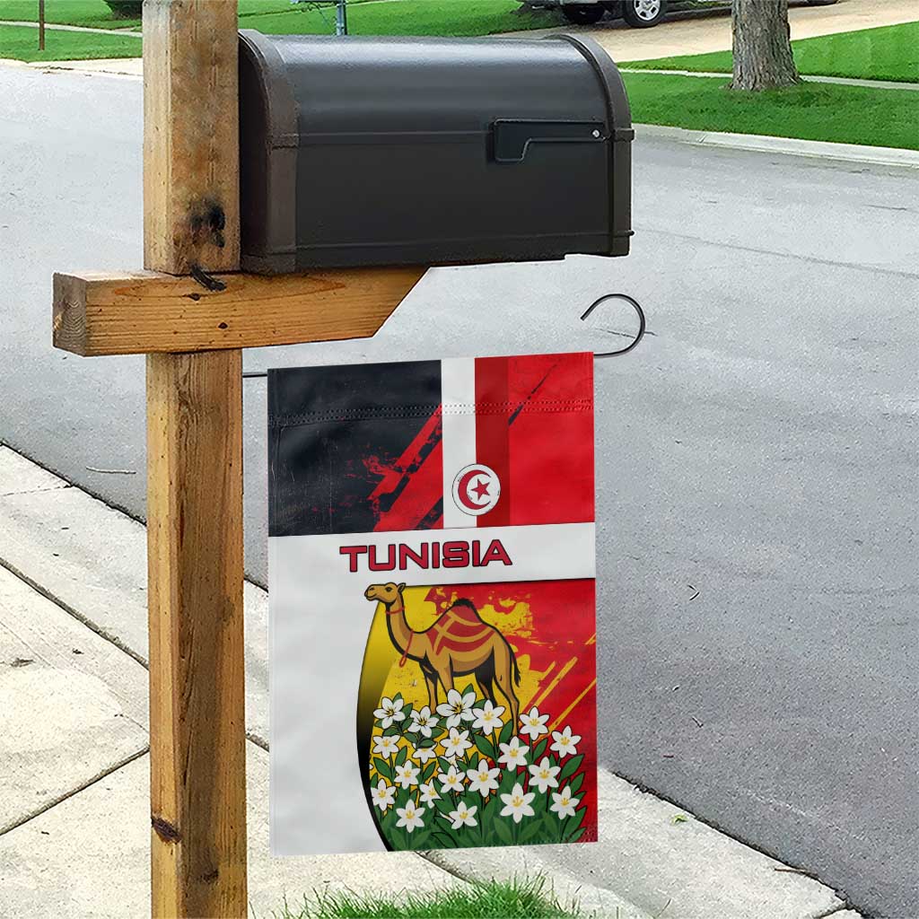 Tunisia Garden Flag with Camel, Jasmine Flowers, and National Flag Design