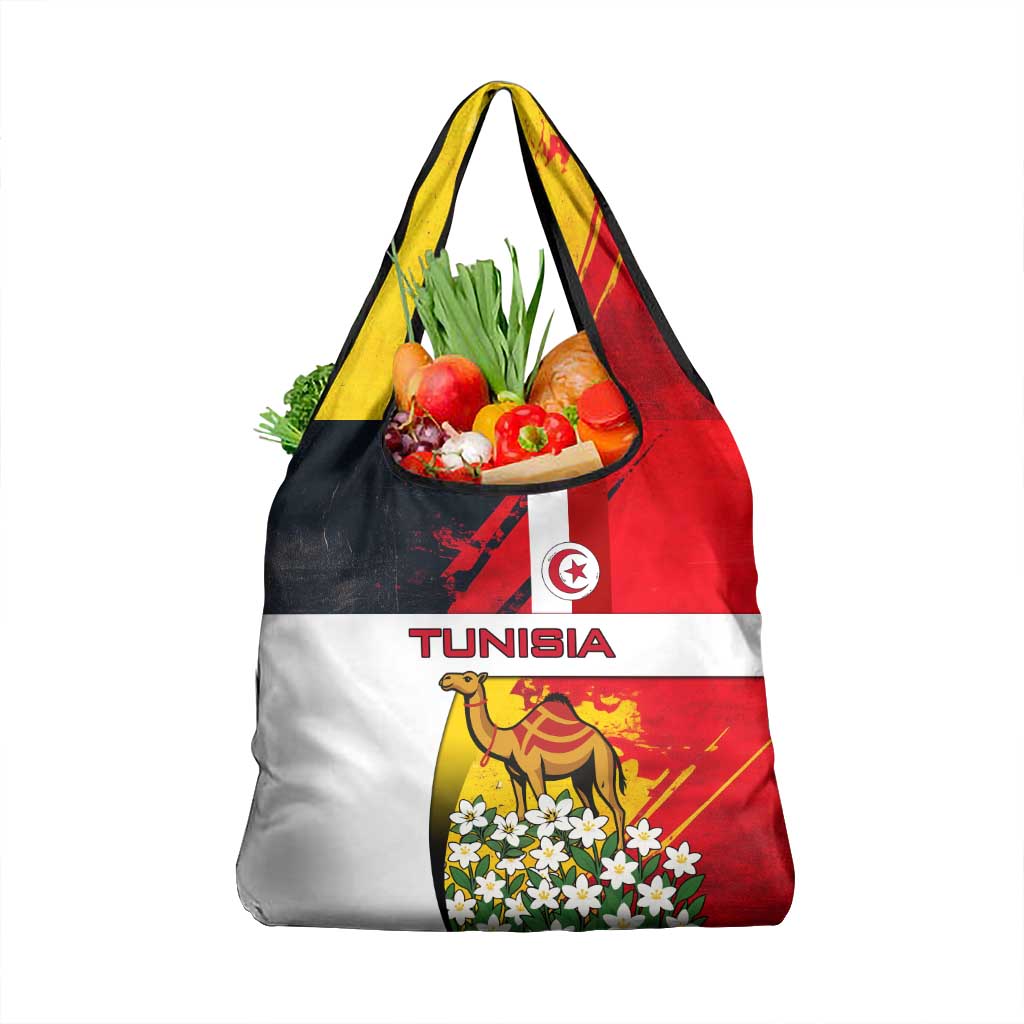 Tunisia Grocery Bag with Camel, Jasmine Flowers, and National Flag Design
