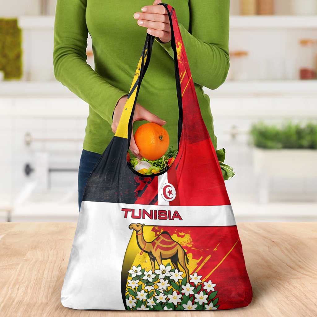 Tunisia Grocery Bag with Camel, Jasmine Flowers, and National Flag Design
