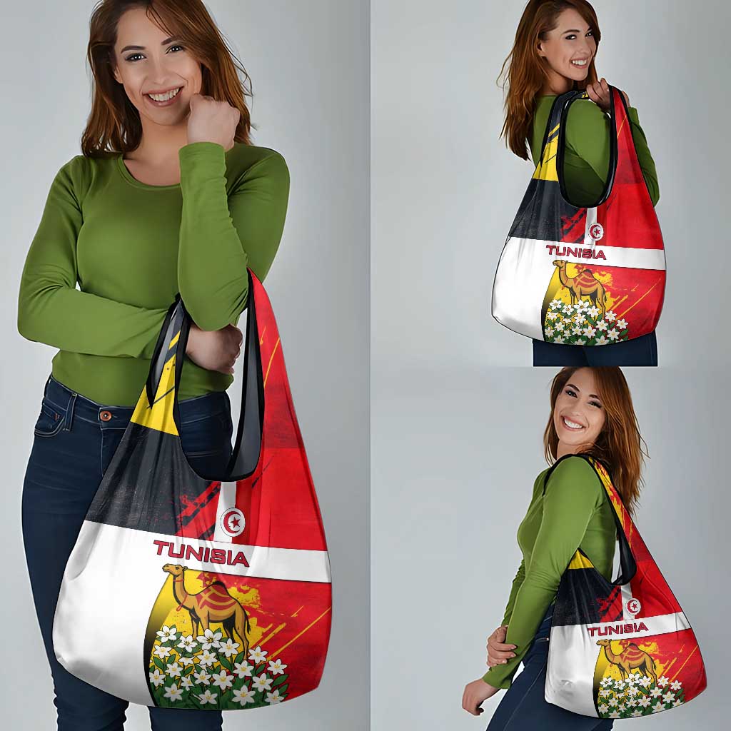 Tunisia Grocery Bag with Camel, Jasmine Flowers, and National Flag Design