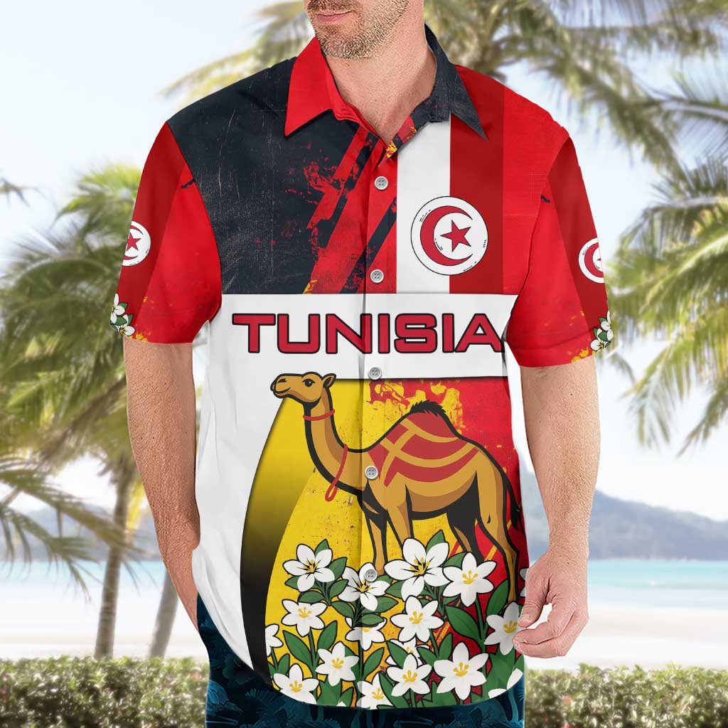 Tunisia Hawaiian Shirt with Camel, Jasmine Flowers, and National Flag Design