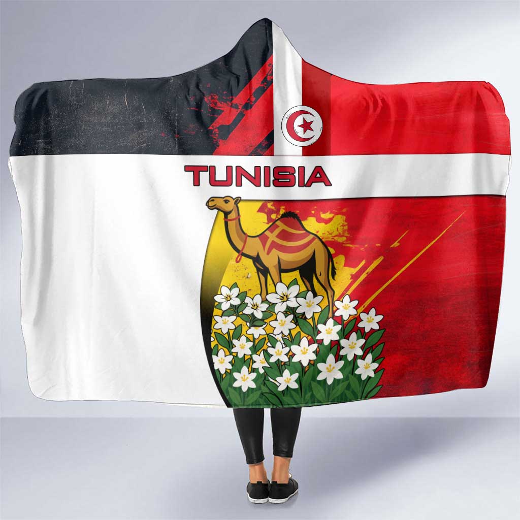 Tunisia Hooded Blanket with Camel, Jasmine Flowers, and National Flag Design