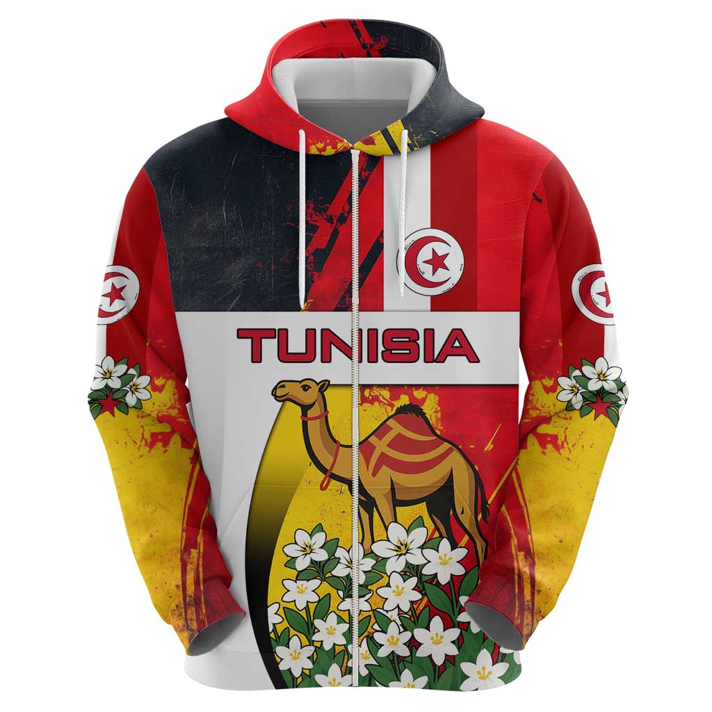 Tunisia Hoodie with Camel, Jasmine Flowers, and National Flag Design