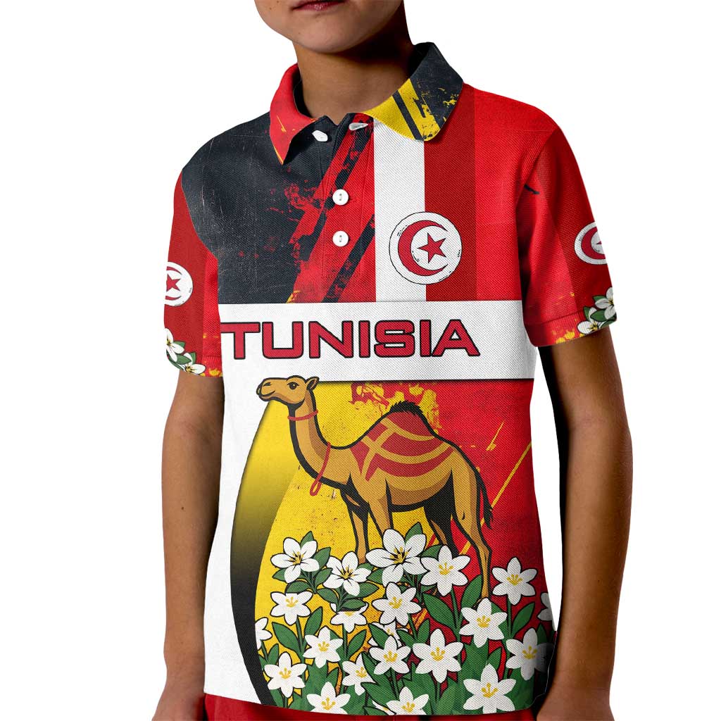 Tunisia Kid Polo Shirt with Camel, Jasmine Flowers, and National Flag Design
