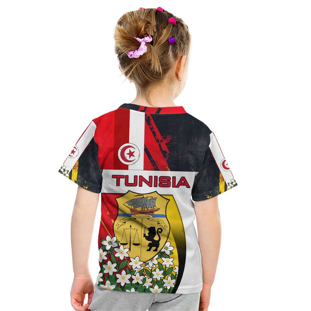 Tunisia Kid T Shirt with Camel, Jasmine Flowers, and National Flag Design