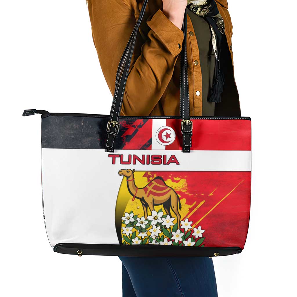 Tunisia Leather Tote Bag with Camel, Jasmine Flowers, and National Flag Design