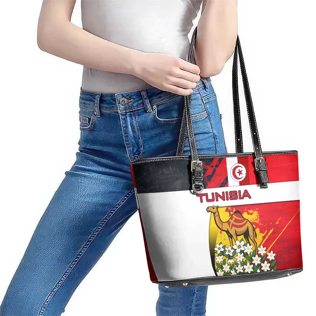 Tunisia Leather Tote Bag with Camel, Jasmine Flowers, and National Flag Design