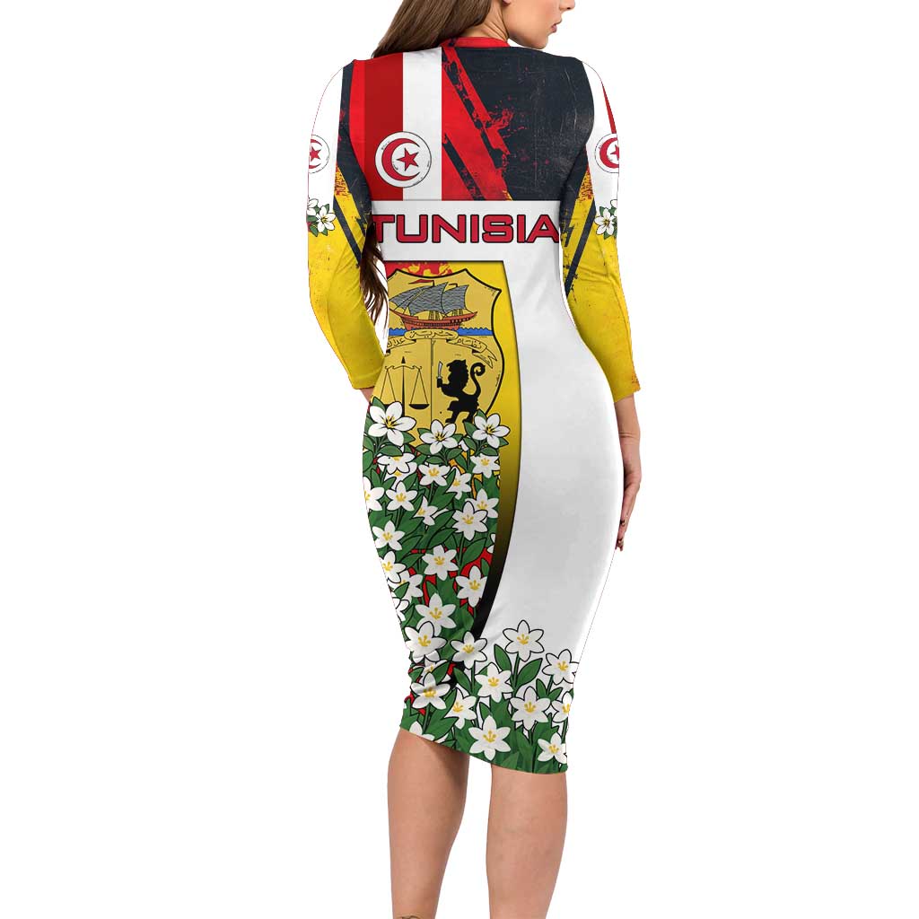 Tunisia Long Sleeve Bodycon Dress with Camel, Jasmine Flowers, and National Flag Design