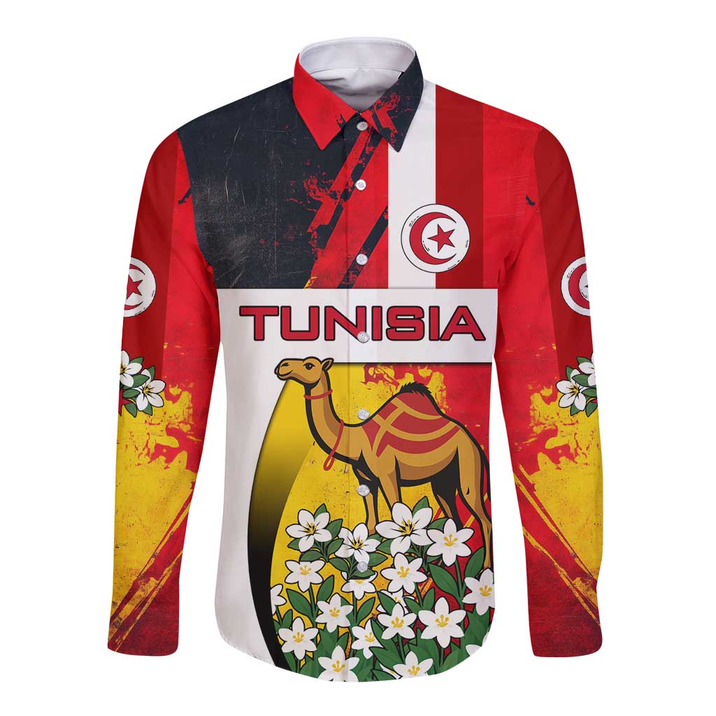 Tunisia Long Sleeve Button Shirt with Camel, Jasmine Flowers, and National Flag Design