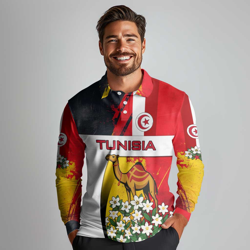 Tunisia Long Sleeve Polo Shirt with Camel, Jasmine Flowers, and National Flag Design