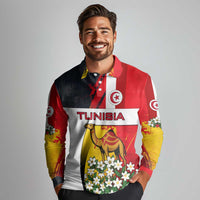 Tunisia Long Sleeve Polo Shirt with Camel, Jasmine Flowers, and National Flag Design