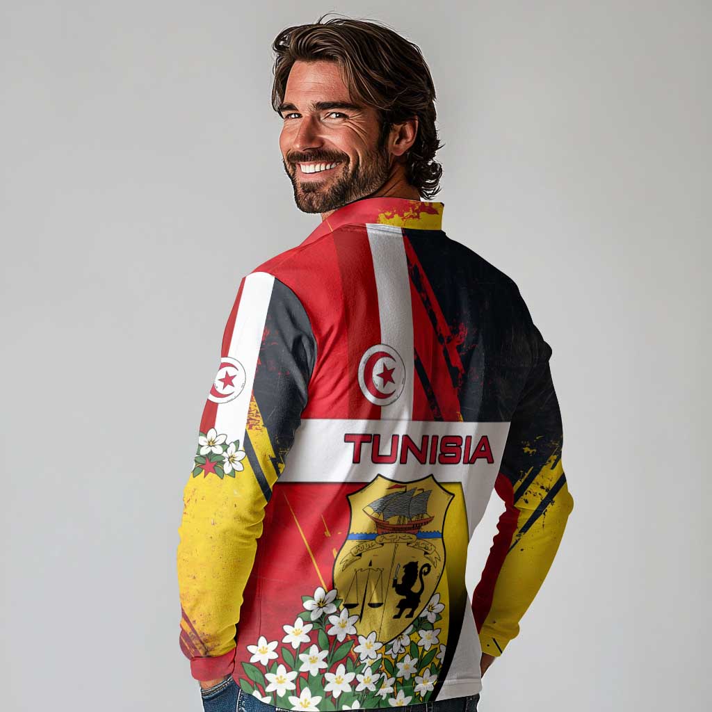 Tunisia Long Sleeve Polo Shirt with Camel, Jasmine Flowers, and National Flag Design