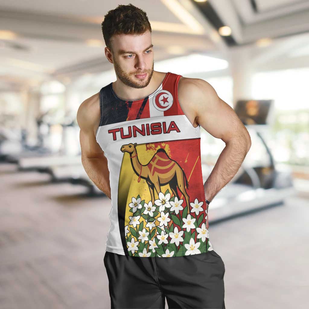Tunisia Men Tank Top with Camel, Jasmine Flowers, and National Flag Design