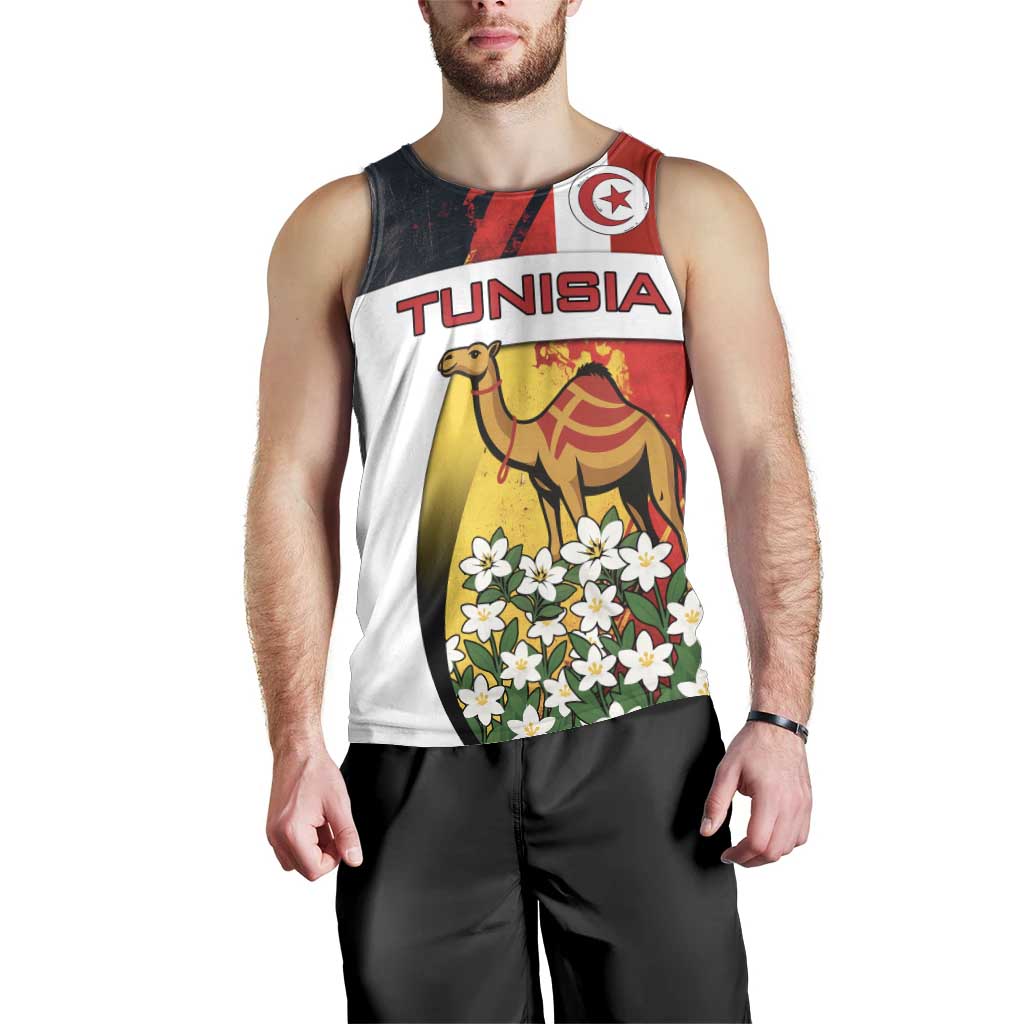 Tunisia Men Tank Top with Camel, Jasmine Flowers, and National Flag Design