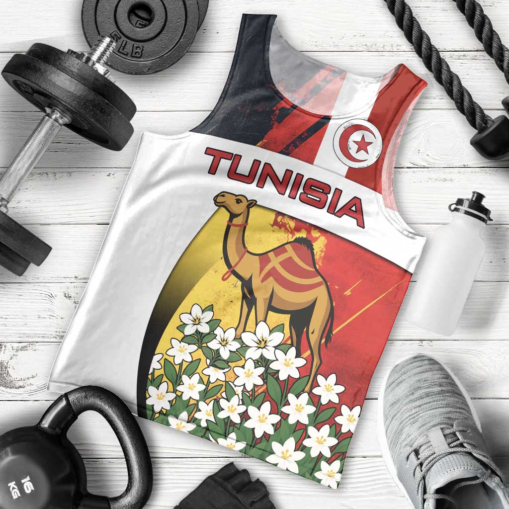 Tunisia Men Tank Top with Camel, Jasmine Flowers, and National Flag Design