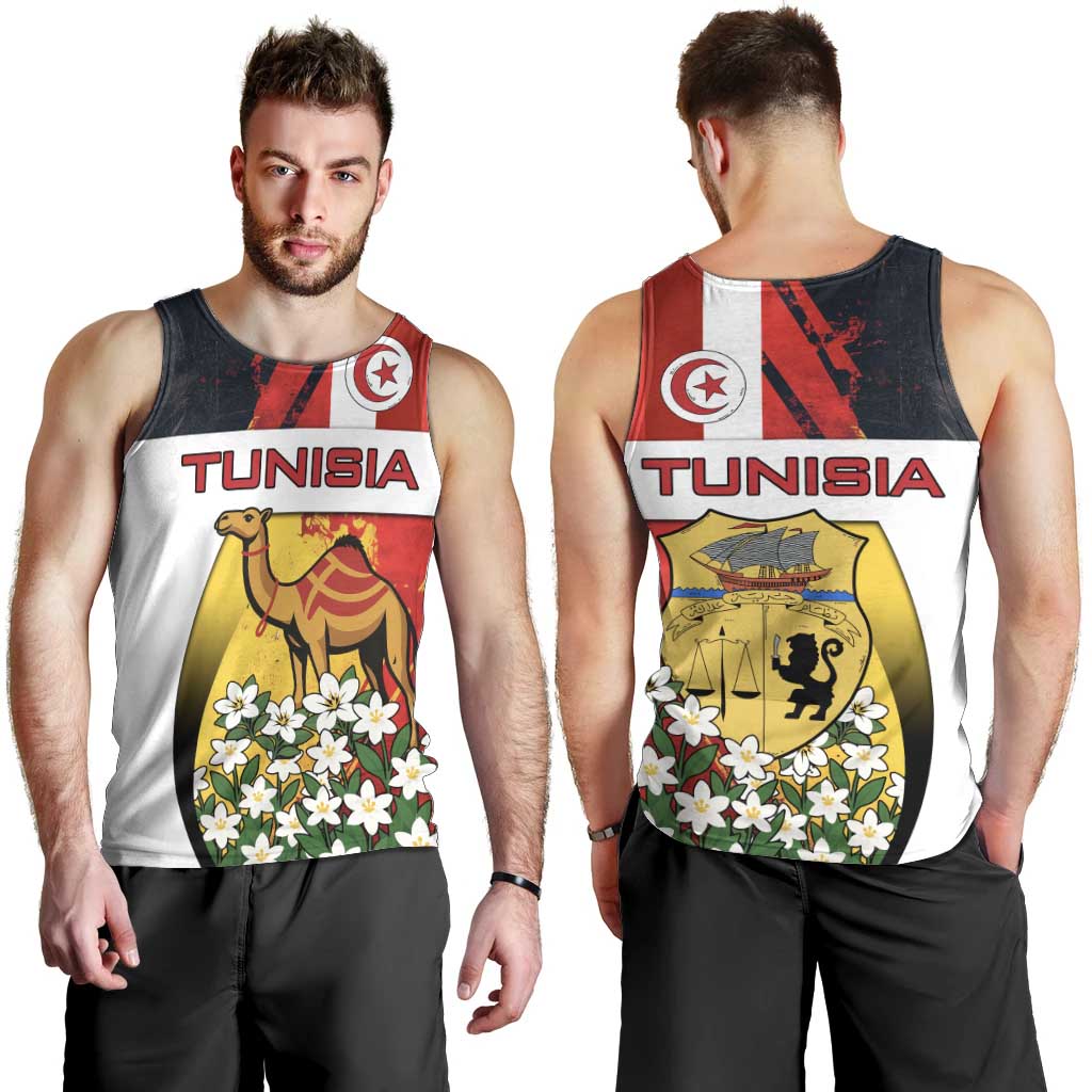 Tunisia Men Tank Top with Camel, Jasmine Flowers, and National Flag Design