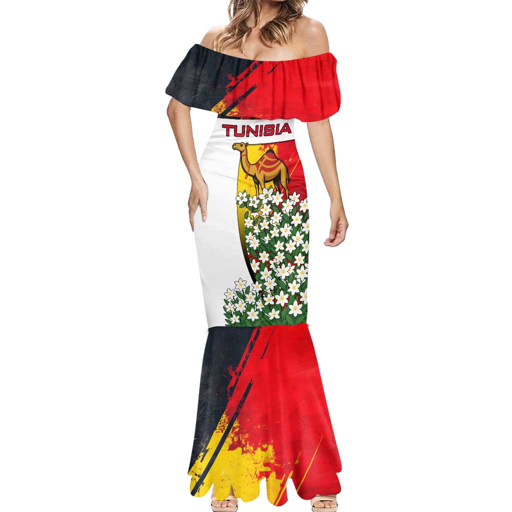 Tunisia Mermaid Dress with Camel, Jasmine Flowers, and National Flag Design