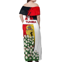Tunisia Off Shoulder Maxi Dress with Camel, Jasmine Flowers, and National Flag Design