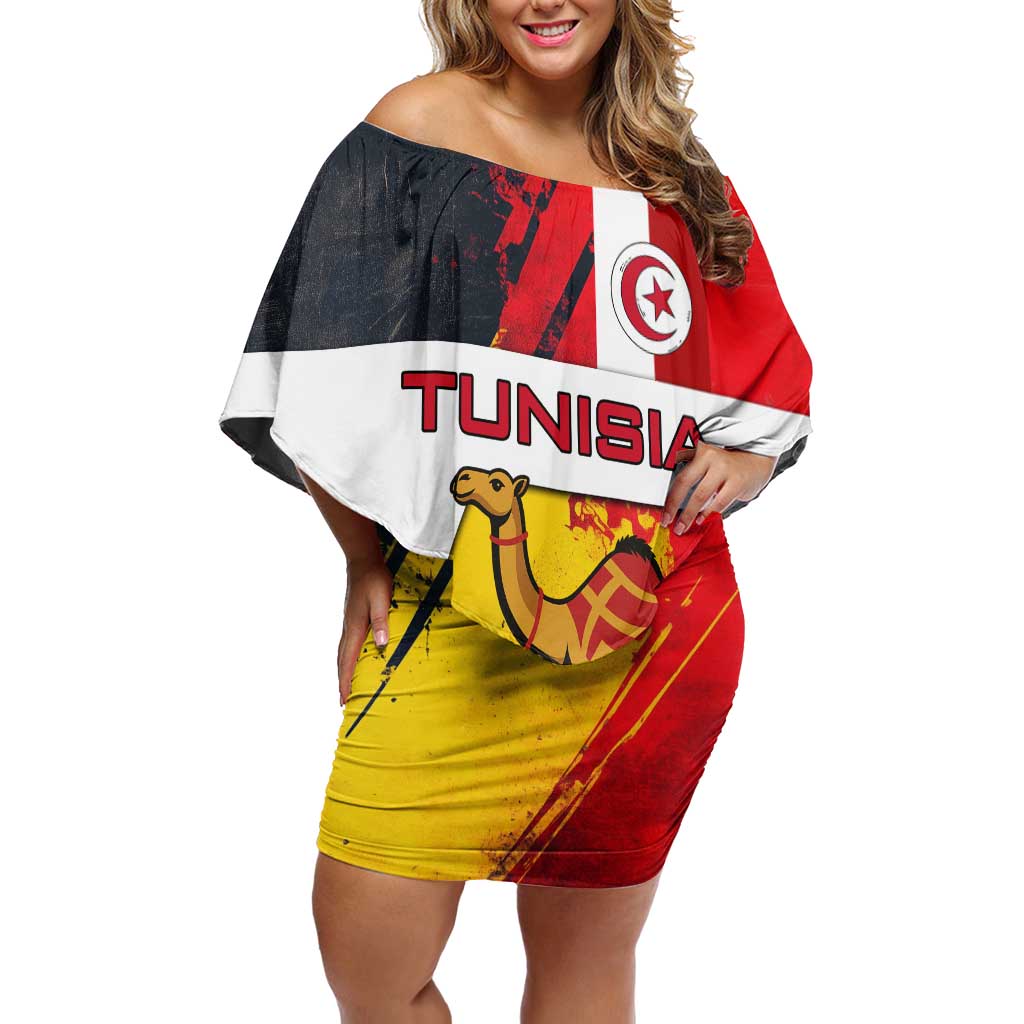 Tunisia Off Shoulder Short Dress with Camel, Jasmine Flowers, and National Flag Design