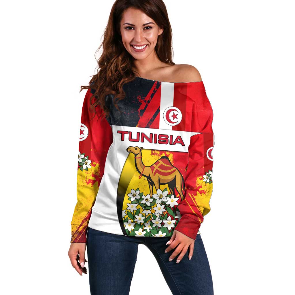 Tunisia Off Shoulder Sweater with Camel, Jasmine Flowers, and National Flag Design
