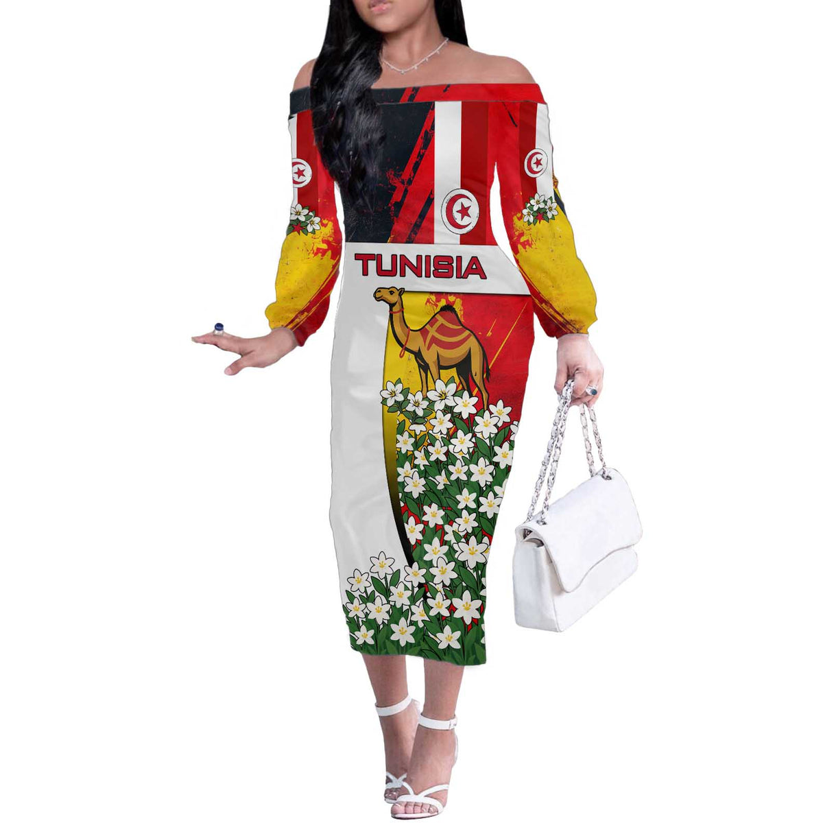 Tunisia Off The Shoulder Long Sleeve Dress with Camel, Jasmine Flowers, and National Flag Design