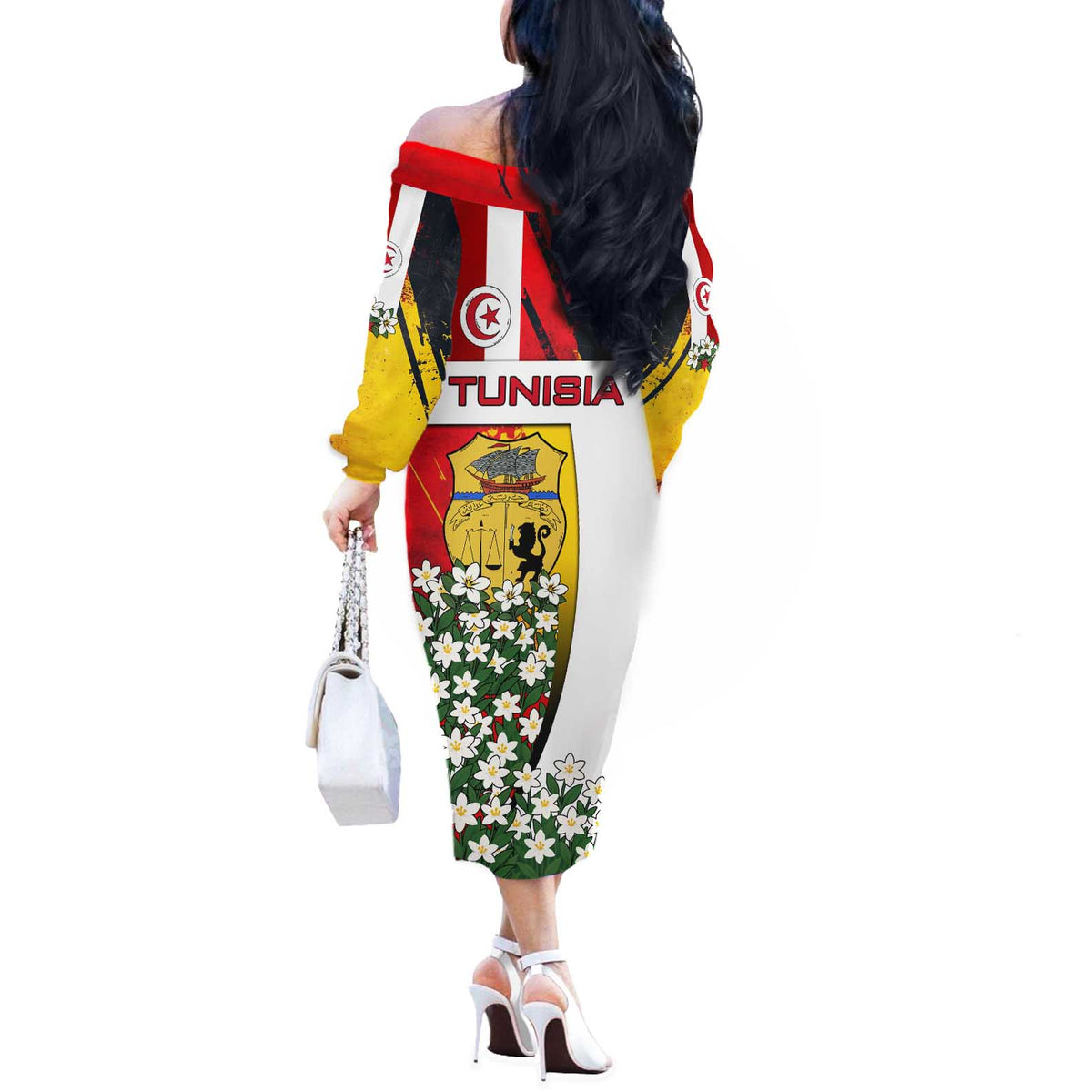 Tunisia Off The Shoulder Long Sleeve Dress with Camel, Jasmine Flowers, and National Flag Design