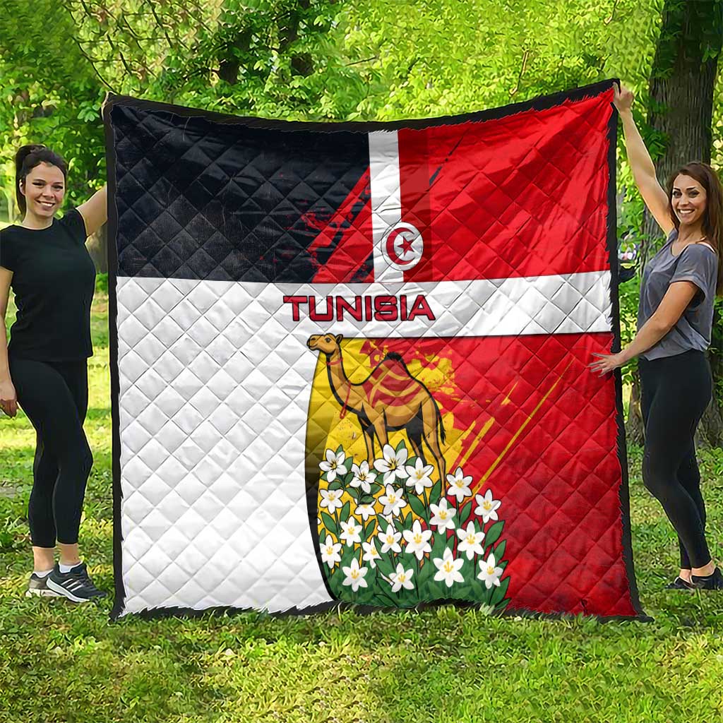 Tunisia Quilt with Camel, Jasmine Flowers, and National Flag Design