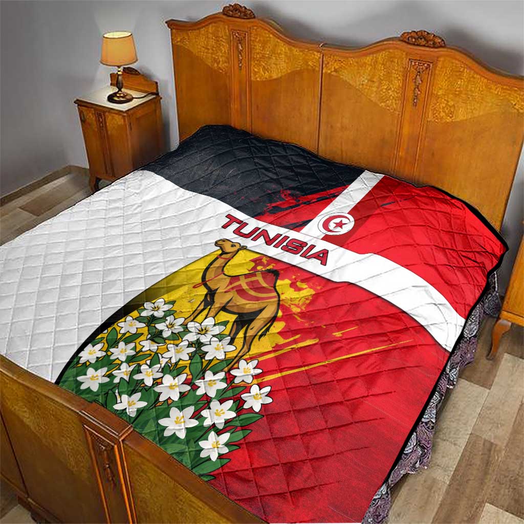 Tunisia Quilt with Camel, Jasmine Flowers, and National Flag Design