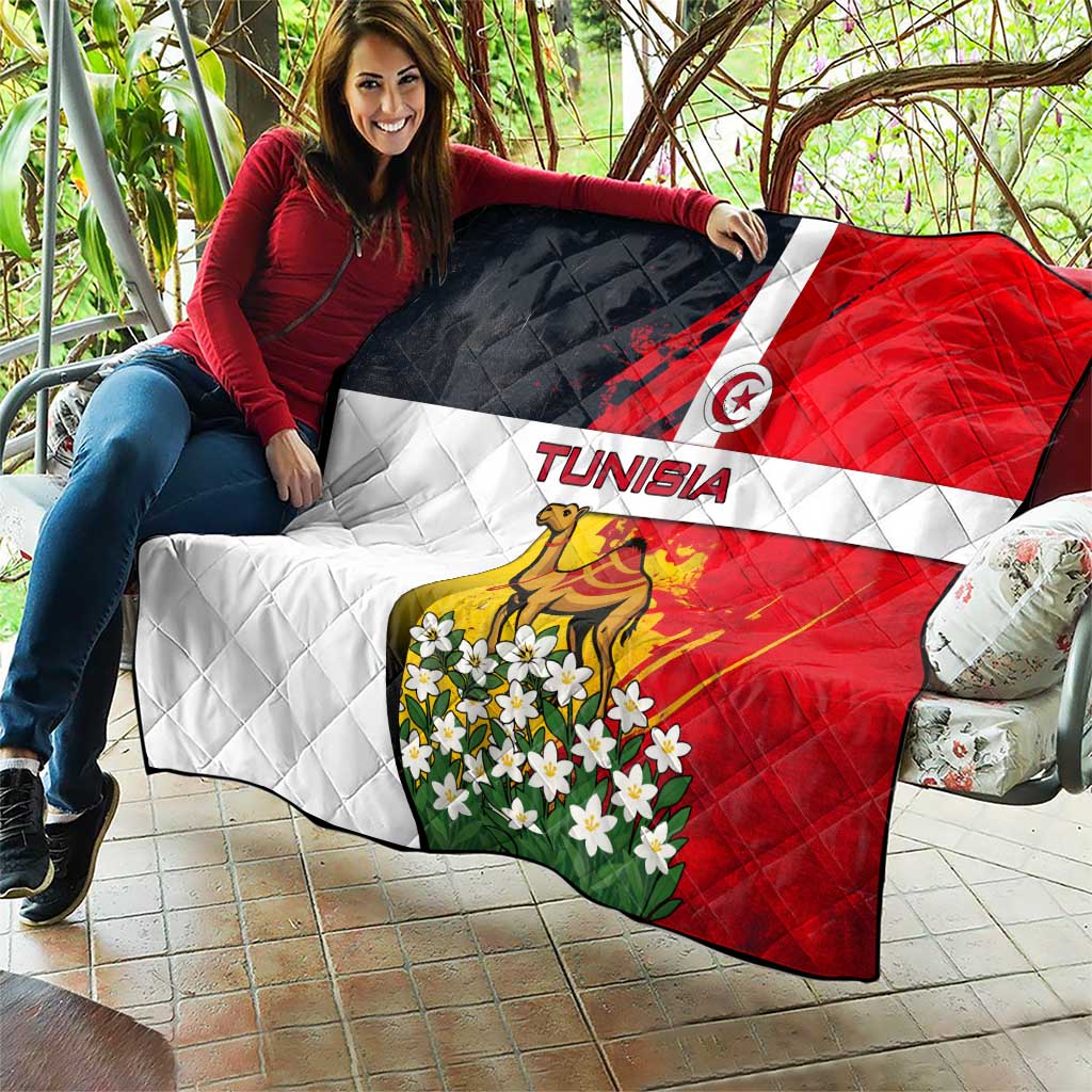 Tunisia Quilt with Camel, Jasmine Flowers, and National Flag Design